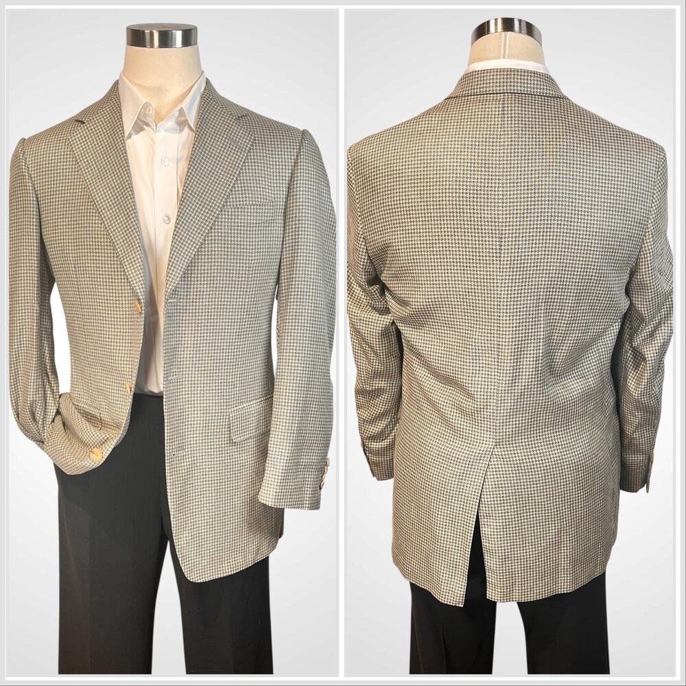 Samuelsohn Italian Silk Blazer 42L Ice Blue and Cream Houndstooth 3 Btn - Picture 2 of 13